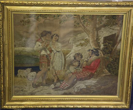 19th century woolwork picture depicting Highland figures in a rural setting(-)